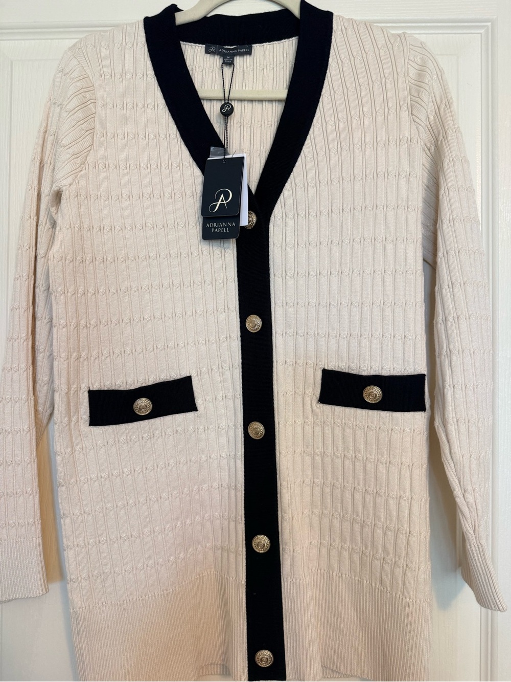 Adrianna Papell Cream Cardigan with Black Trim and Gold Buttons